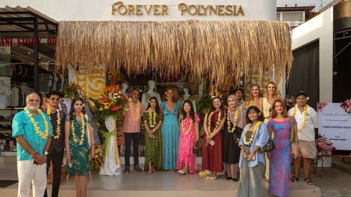 Forever Polynesia Bali boutique storefront on Jl. Arjuna, Legian, with guests at the store opening